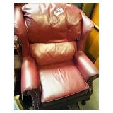DEEP BURGUNDY LEATHER WING CHAIR, BRASS NAIL HEADS