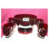 VINTAGE RUBY RED GLASS PUNCH BOWL,BASE,CUPS