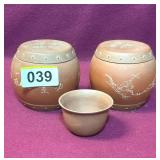 ANTIQUE CHINESE YIXING PURPLE CLAY TEA JARS & CUP