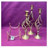 BRASS HURRICAN GLASS HOLDER, 3 BRASS CANDLE STICKS