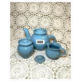 ANTIQUE BLUE POTTERY TEAPOT POT, CREAM & SUGAR