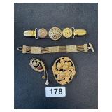 VINTAGE JEWLERY LOT BRASS SCARF BROOCH, ETC
