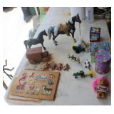G Assorted Toys Including Tin of Light Brite Bulbs