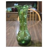 DRH Vintage Green Blown Glass Vase w/Flowers