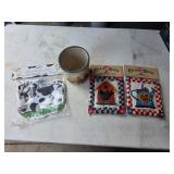 F Puffy Pot Holders & Rooster Crock