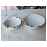 4A2 TWO Enamel Ware Bowls 9 3/4' & 7 3/4' Red/Whit