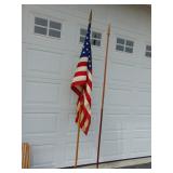 Two VTG Wood Flagpoles and Flags, 1 cotton flag,