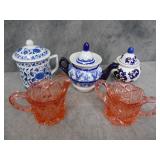 Pink Depression Glass Cream & Sugar and Blue Decor