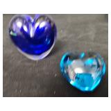 Two Blue Glass Heart-Shaped Paperweights