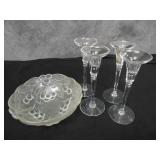 Candleholders and Bowl, one tiny chip