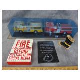 Two Firetrucks in Case, and Misc Fire Decor