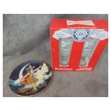 Miller High Life Plate, Budweiser Glasses