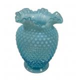 8"h., 5"w Fenton vase blue opalescent hobnail ru