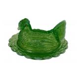 MOSSER Green Opalescent Glass Hen On Nest