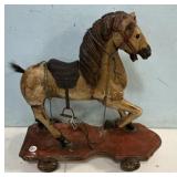 Large Carved Wooden Horse Pull Toy w/ Leather Sadd