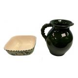 Large Green Ceramic Pitcher 11"h w Ceramic Bowl 1