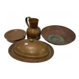 Group of VTG Copper Pans, Meat Cover, and Pitcher