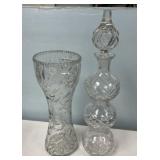 Cut Glass Decanter Bottle 19"h and Flower Vase