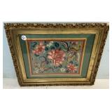 Floral Embroidery Silk Artwork framed 16"h., 18"