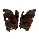 CHINESE CARVED ROSEWOOD FOO LION DOGS 5"h
