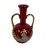 Hand Painted Red Glass Vase 7.5"h