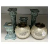 Ceramic Column Candle Holders and Crackle Glass Vo