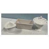 Milk Glass Candy Dish, Hat Vase, and Bow