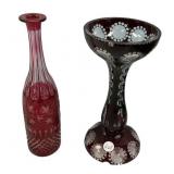 Bohemian Red Cut to Clear Vase and Decanter