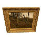 Signed Antique Autumn Forest Scene Painting 44"h.