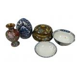 Chinese Cloisonne Box, Vase, Bowls and Blue Egg