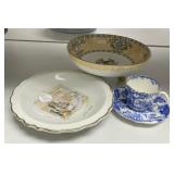 Footed Porcelain Bowl, Plate, and Blue White Demit