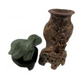 Carve Jade Stye Bird and Soapstone Vase 6"h