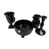 Black Amethyst Vases, Candleholder, and Bowl