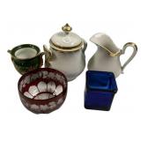 White Porcelain Sugar, Creamer, Red Glass Bowl