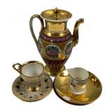 Gold Gilt Porcelain Tea Pitcher and Demitasse