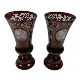 Egermann Bohemian  Ruby Red Cut To Clear Vases 10"