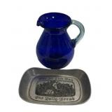 Cobalt Blue Pitcher and Pewter Tray