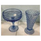 Blue Indiana Glass Diamond Point Compote and Flowe