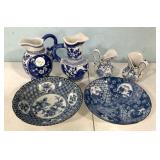Blue and White Pottery Pitchers and Bowls