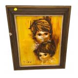 Signed Painting of Faces on Canvas Framed 26'h.,