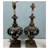 Pair of Mid Century Black Glass Coralene Lamps