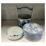 Modern Blue and White Plates, Bowl, and Water Buck