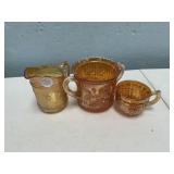 Three Carnival Merigold Pitcher and Cups