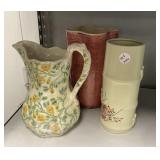 Pottery Pitcher and Two Flower Vases