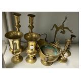 Group of Brass Candleholders, Dancer, and Vases