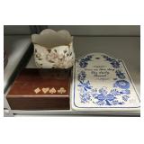 Porcelain Plaque, Vase, and Playing Card Box