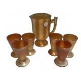 Jeannette Marigold Carnival Glass Pitcher and 6 Gl