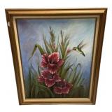Gwin Robertsn Flower Hummingbird Painting 23'h. 2