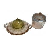 Pink Depression and Amber Cookie jar, Cheese Dome,
