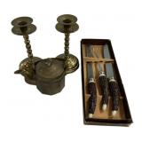 Brass Candle Holders, Pitcher, and Carving Set